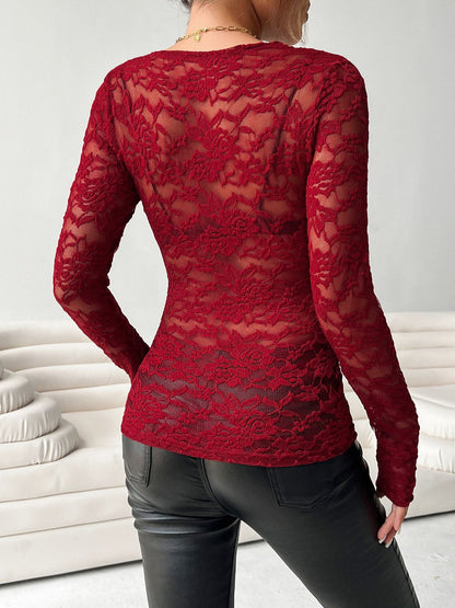 Lace V Neck Long Sleeves Sheer Blouse
