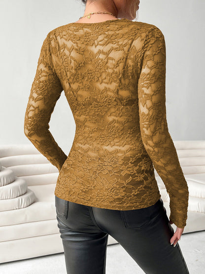 Lace V Neck Long Sleeves Sheer Blouse