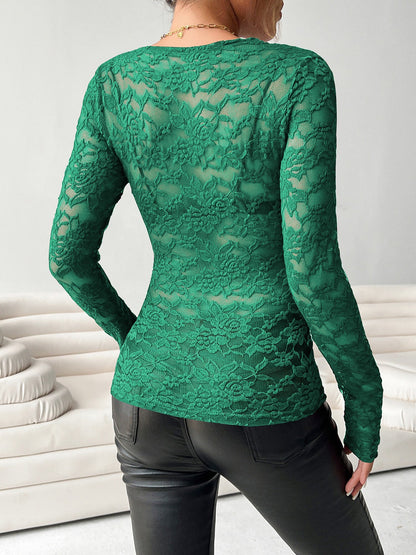 Lace V Neck Long Sleeves Sheer Blouse