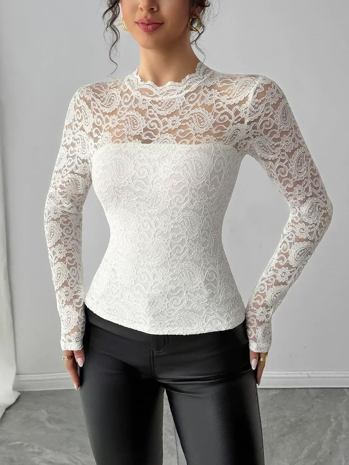 Lace Illusion Neck Long Sleeves Sheer Blouse