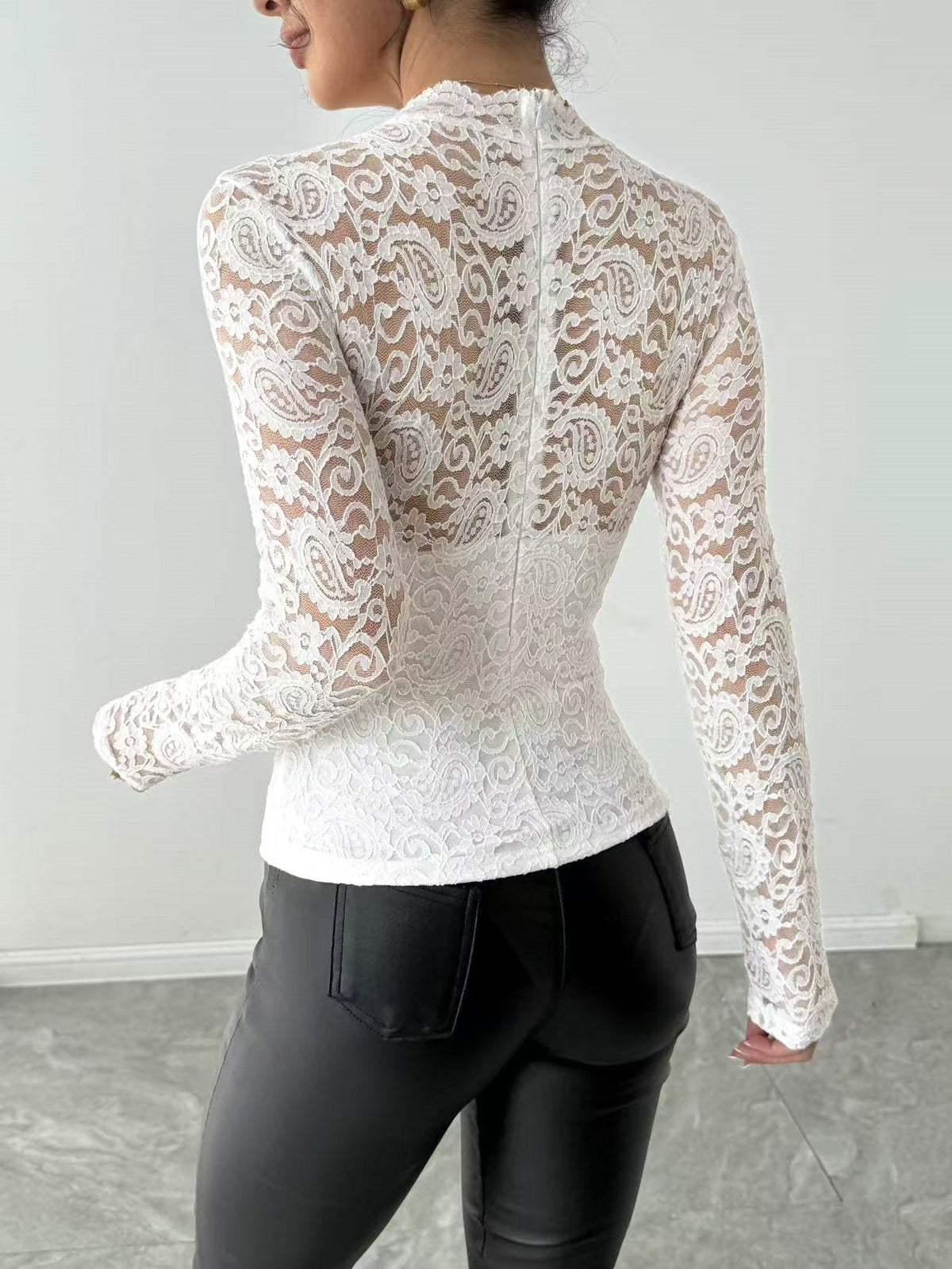 Lace Illusion Neck Long Sleeves Sheer Blouse