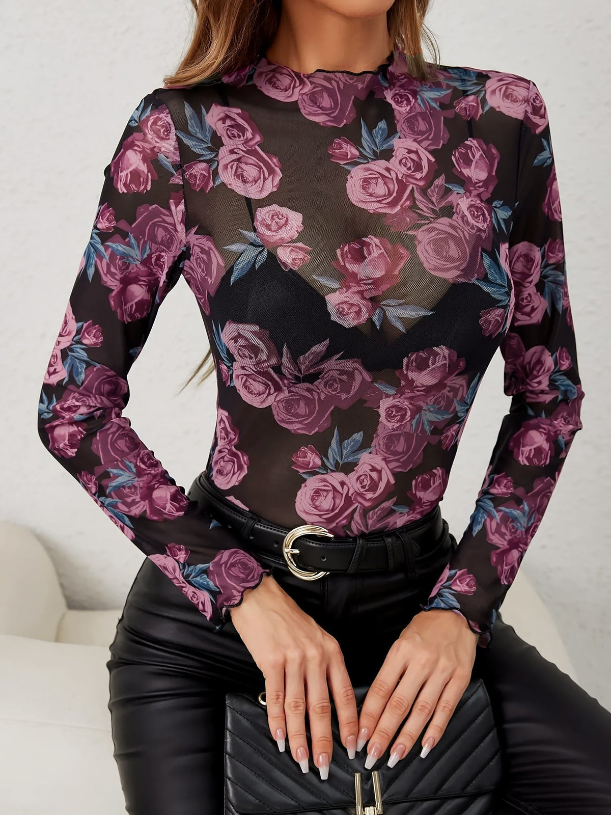 Floral Print Mock Neck Mesh Sheer Long Sleeves Blouse