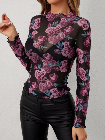 Floral Print Mock Neck Mesh Sheer Long Sleeves Blouse