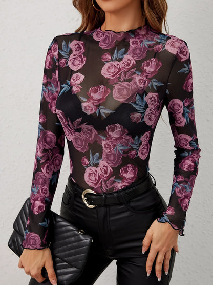 Floral Print Mock Neck Mesh Sheer Long Sleeves Blouse