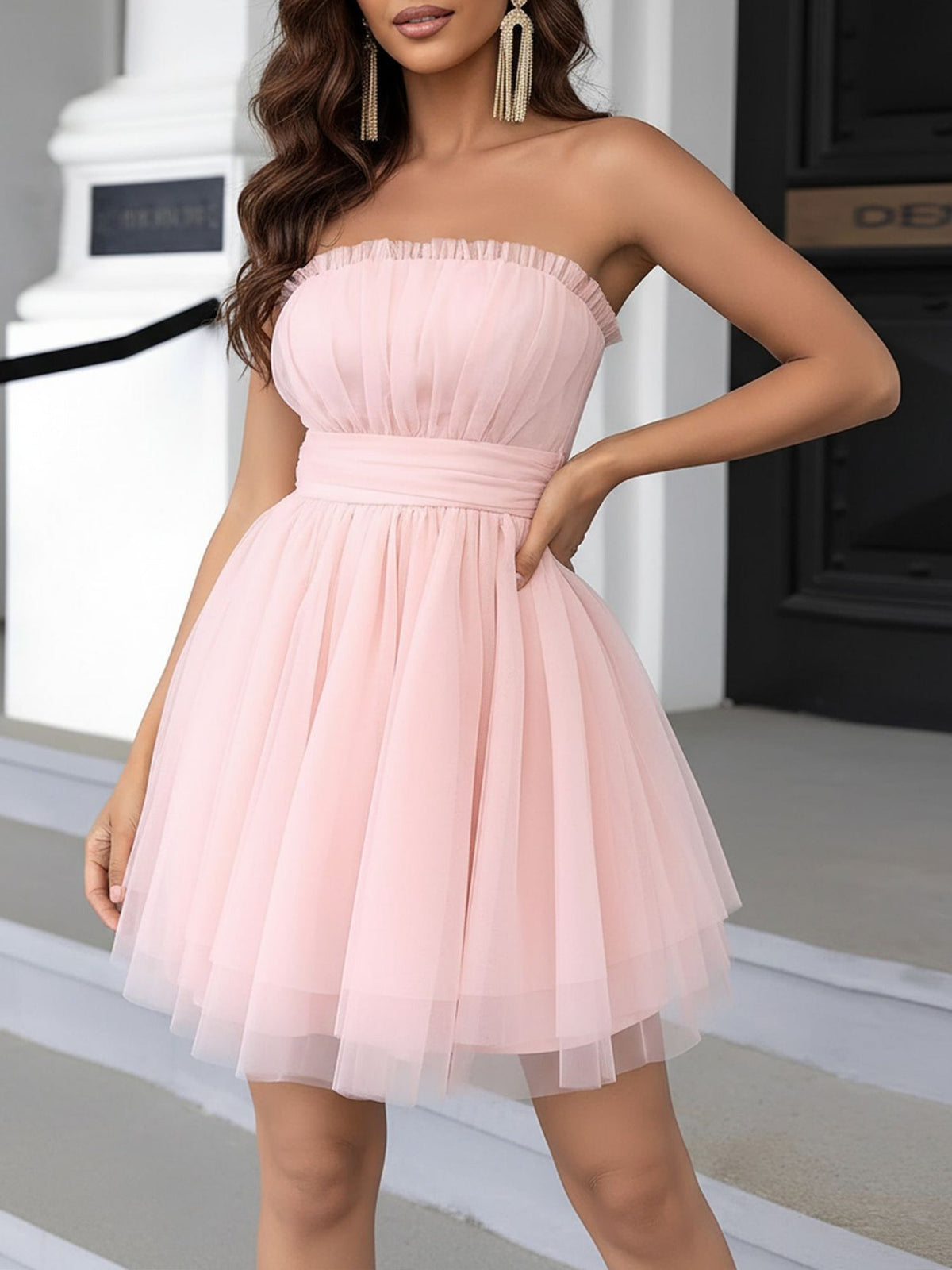 Mesh Ruched Strapless A-Line Mini Party Dress