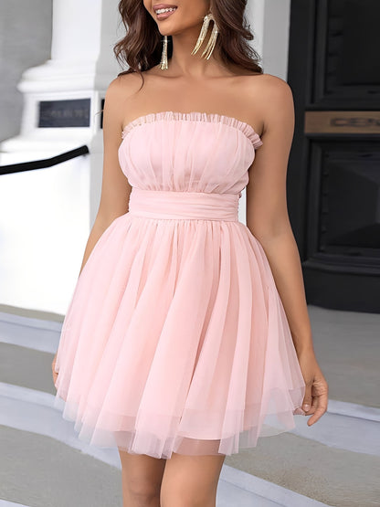 Mesh Ruched Strapless A-Line Mini Party Dress