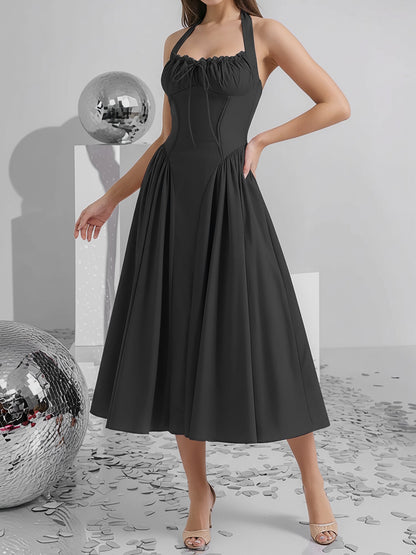Halter Lace-Up Ruched Sleeveless Midi A-Line Dress