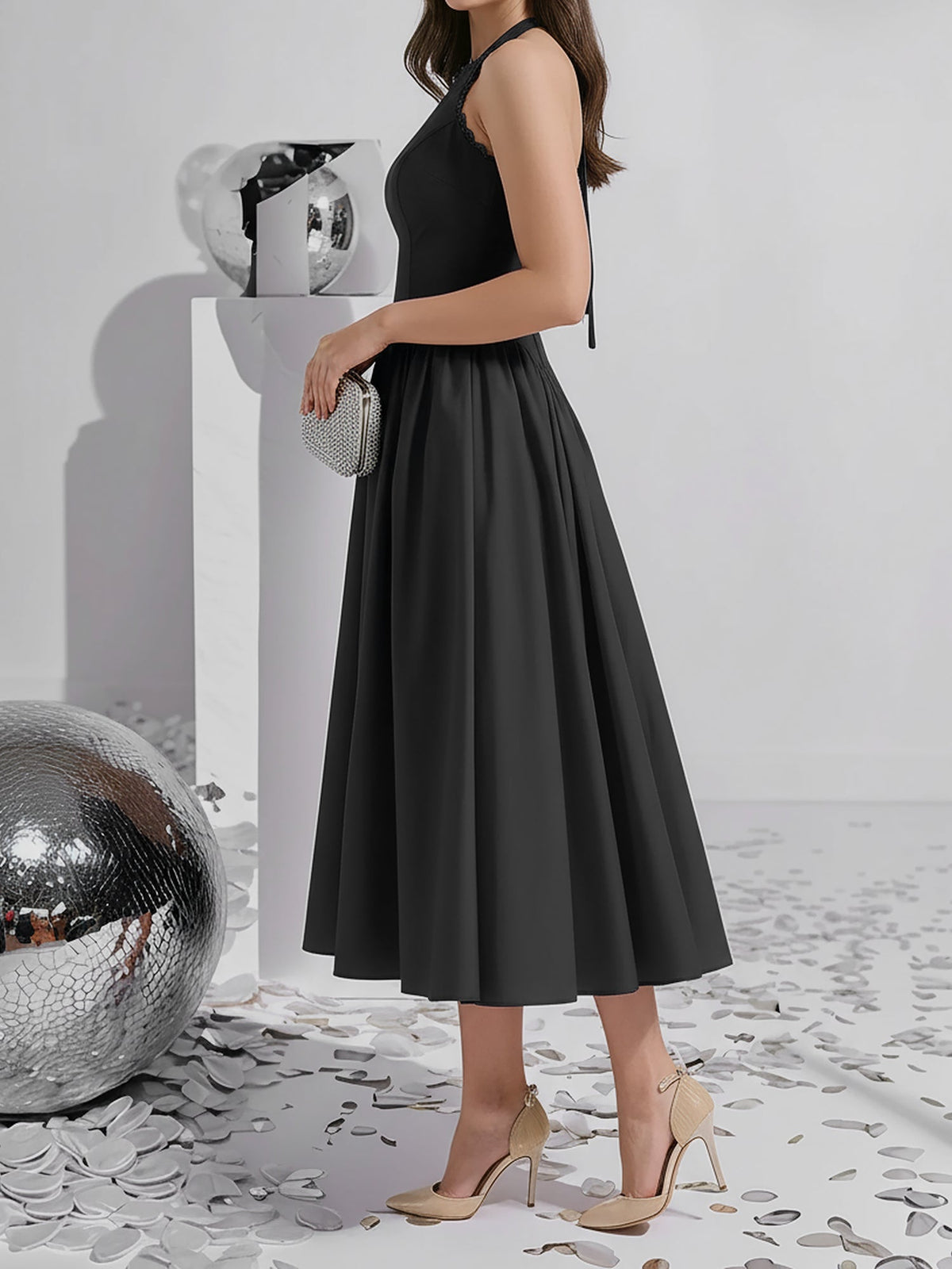 Halter Lace-Up Ruched Sleeveless Midi A-Line Dress