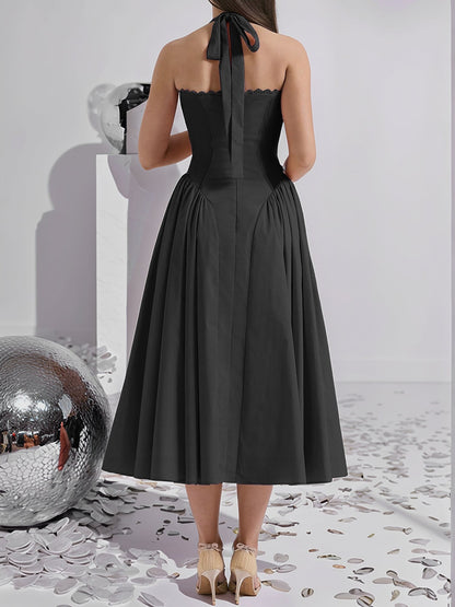 Halter Lace-Up Ruched Sleeveless Midi A-Line Dress