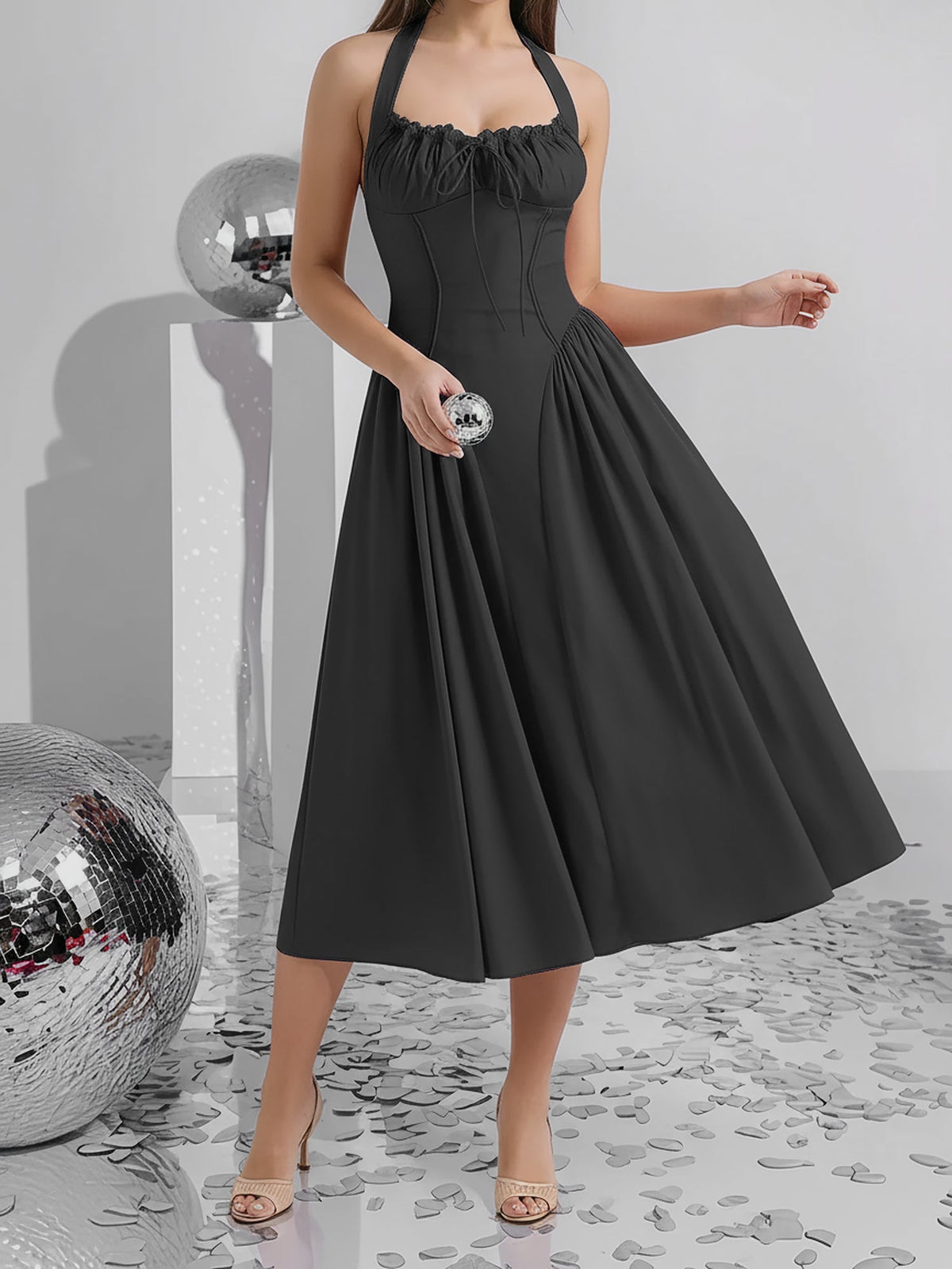 Halter Lace-Up Ruched Sleeveless Midi A-Line Dress