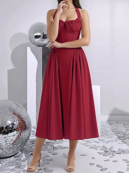 Halter Lace-Up Ruched Sleeveless Midi A-Line Dress