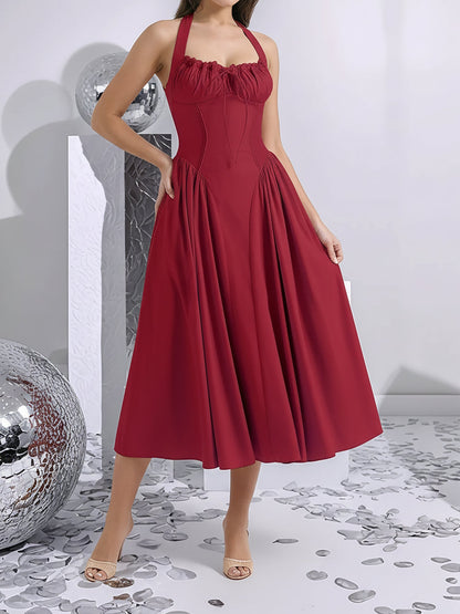 Halter Lace-Up Ruched Sleeveless Midi A-Line Dress