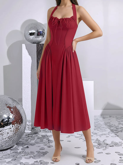 Halter Lace-Up Ruched Sleeveless Midi A-Line Dress