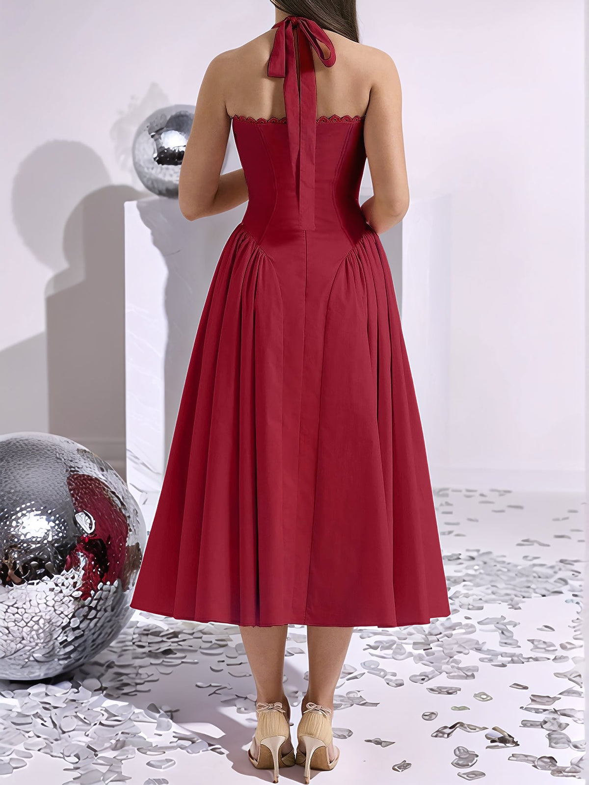Halter Lace-Up Ruched Sleeveless Midi A-Line Dress