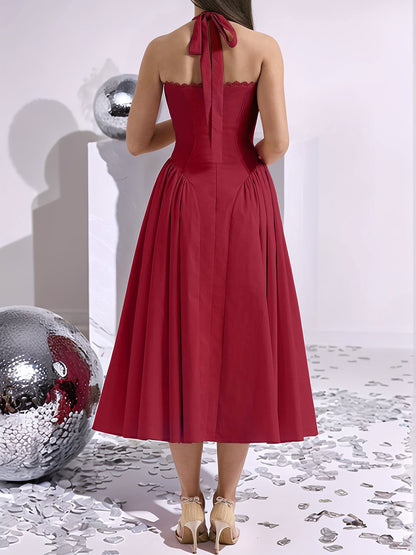 Halter Lace-Up Ruched Sleeveless Midi A-Line Dress