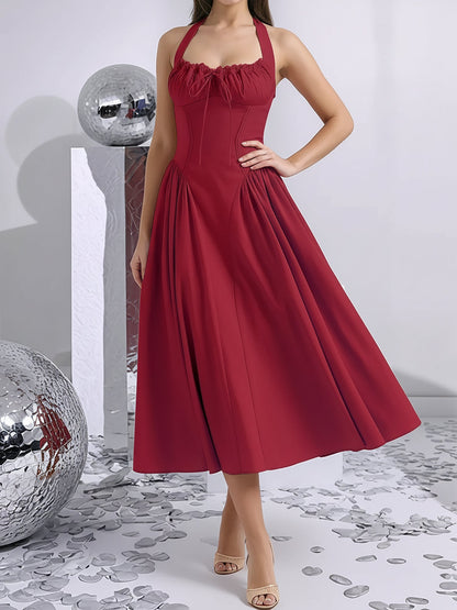 Halter Lace-Up Ruched Sleeveless Midi A-Line Dress