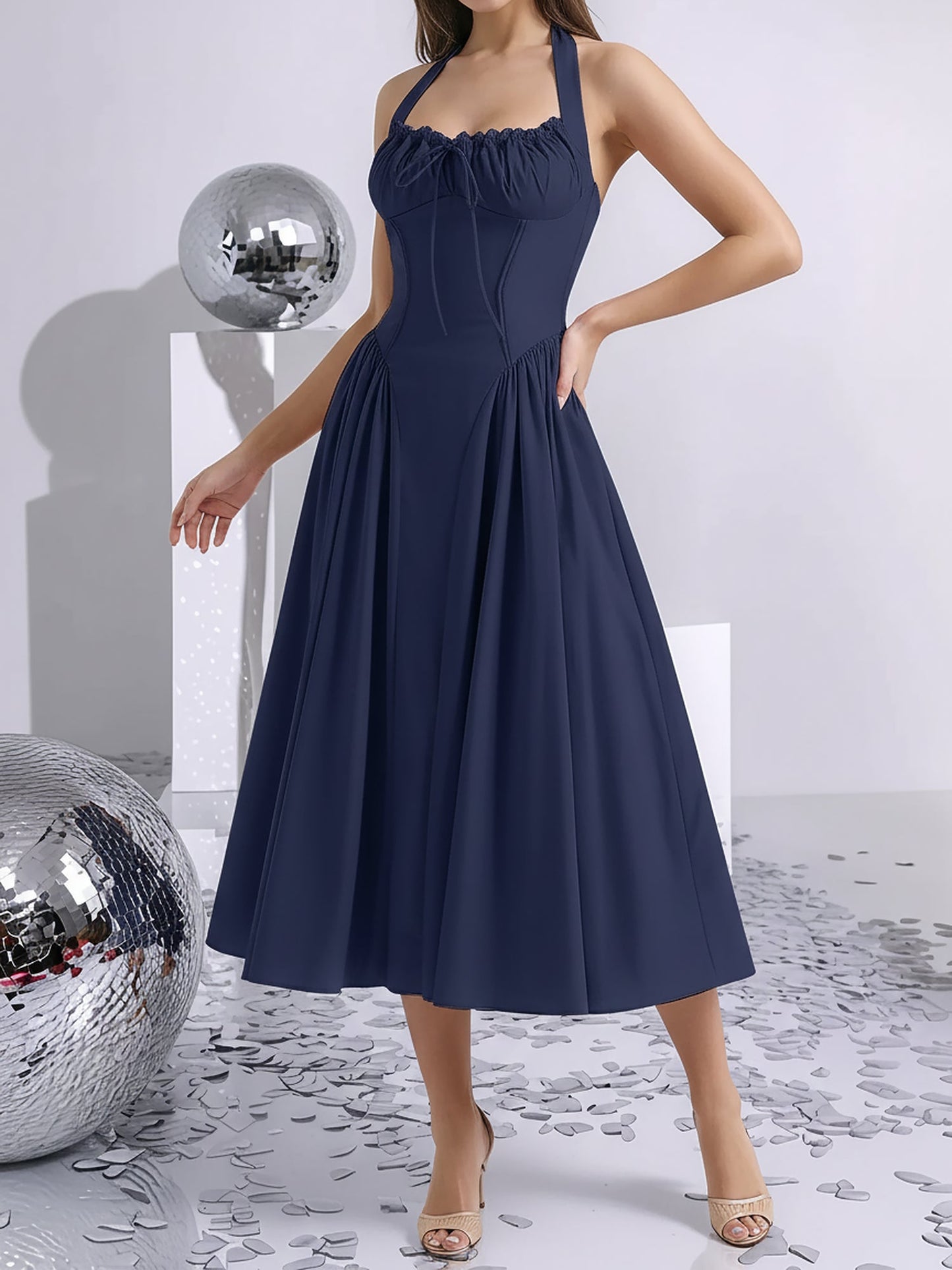 Halter Lace-Up Ruched Sleeveless Midi A-Line Dress