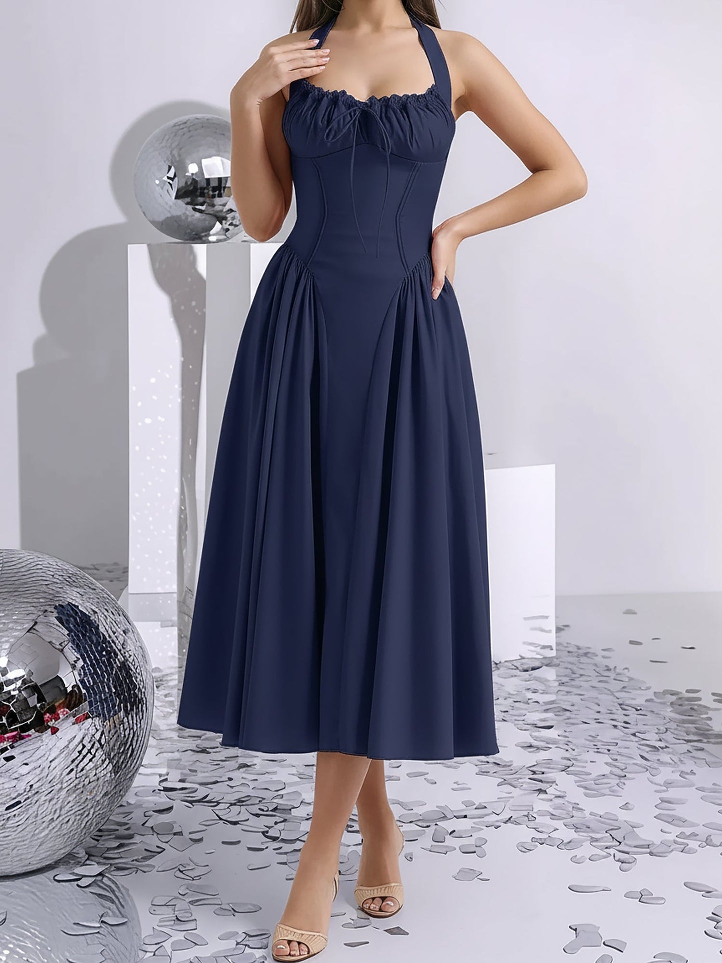 Halter Lace-Up Ruched Sleeveless Midi A-Line Dress