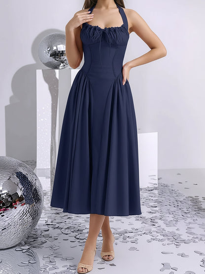 Halter Lace-Up Ruched Sleeveless Midi A-Line Dress