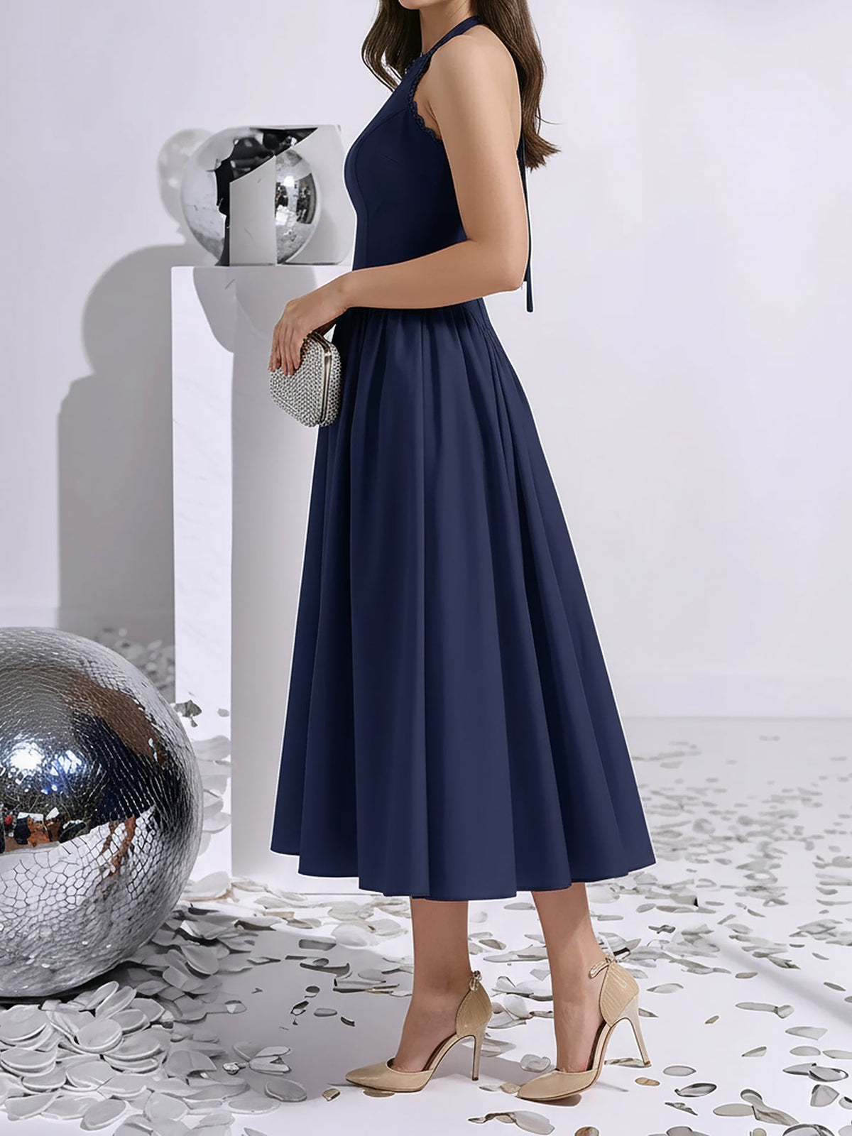 Halter Lace-Up Ruched Sleeveless Midi A-Line Dress
