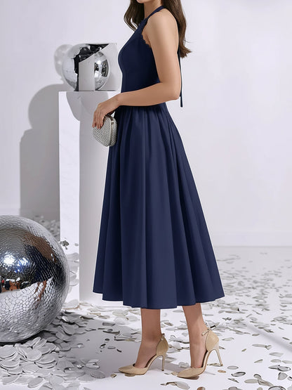 Halter Lace-Up Ruched Sleeveless Midi A-Line Dress