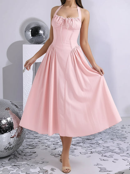 Halter Lace-Up Ruched Sleeveless Midi A-Line Dress