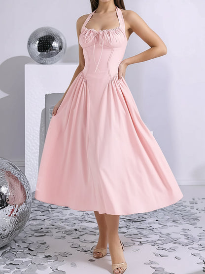 Halter Lace-Up Ruched Sleeveless Midi A-Line Dress