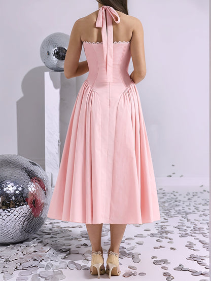 Halter Lace-Up Ruched Sleeveless Midi A-Line Dress
