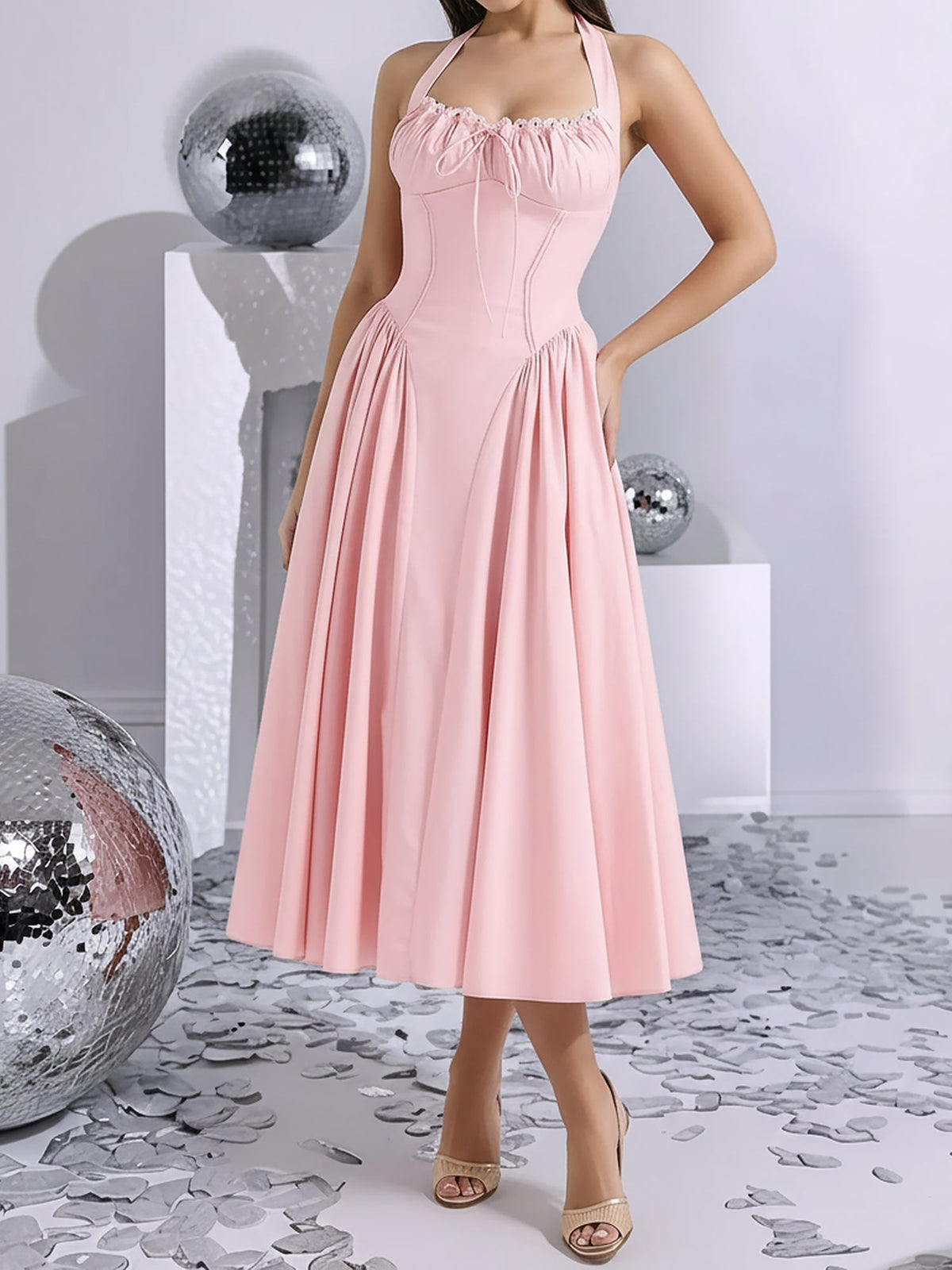 Halter Lace-Up Ruched Sleeveless Midi A-Line Dress