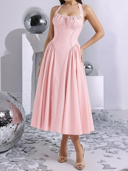 Halter Lace-Up Ruched Sleeveless Midi A-Line Dress
