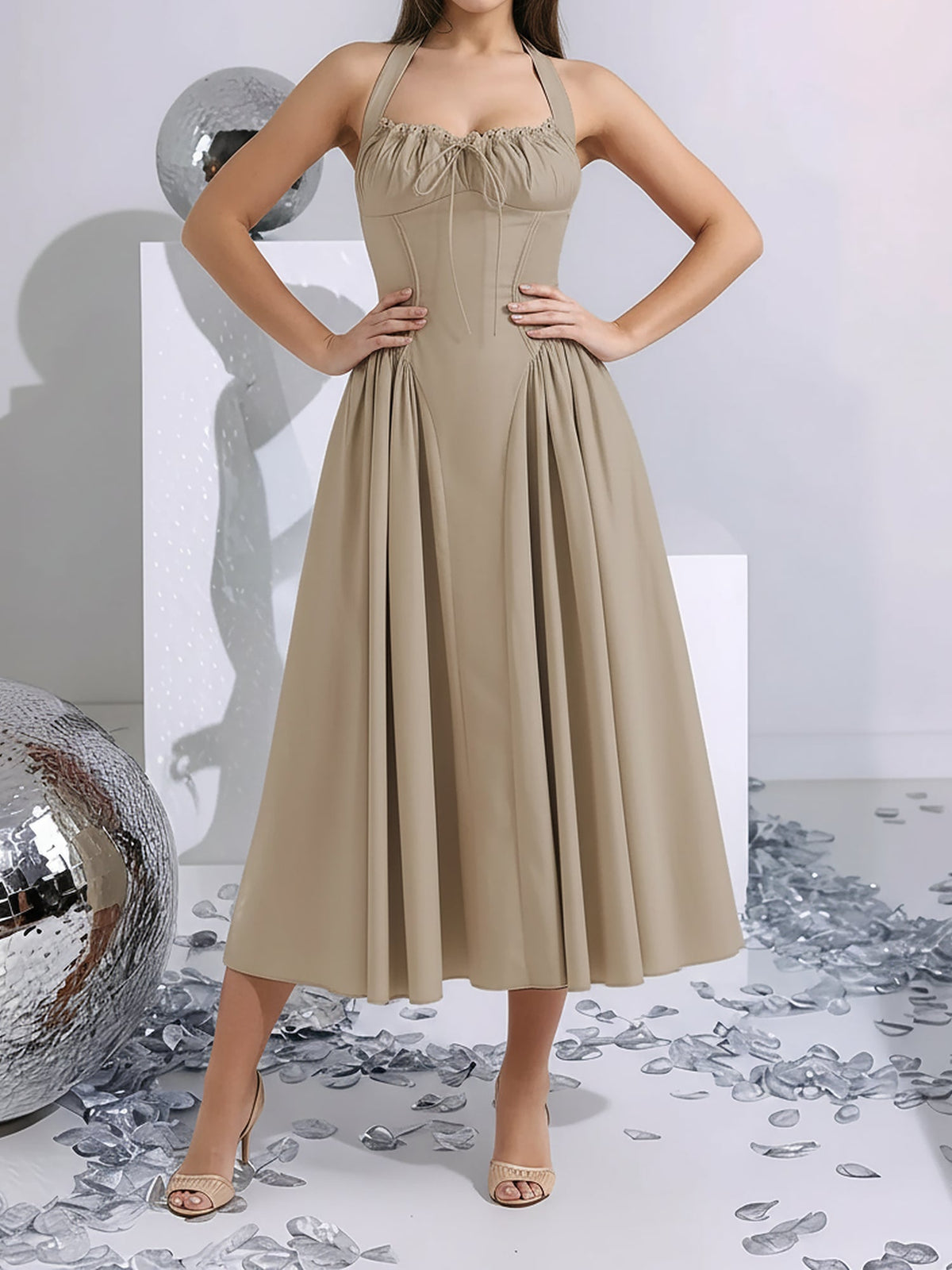 Halter Lace-Up Ruched Sleeveless Midi A-Line Dress