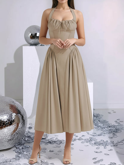Halter Lace-Up Ruched Sleeveless Midi A-Line Dress