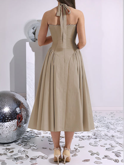 Halter Lace-Up Ruched Sleeveless Midi A-Line Dress
