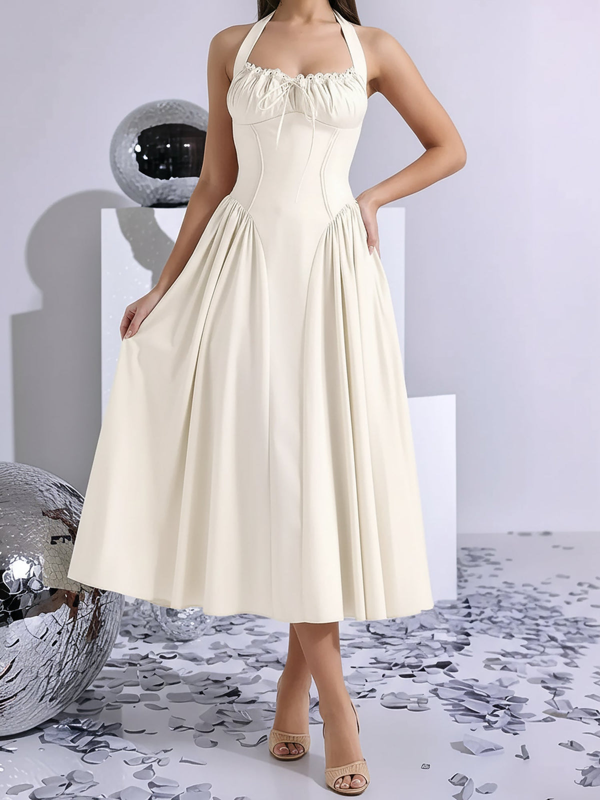 Halter Lace-Up Ruched Sleeveless Midi A-Line Dress