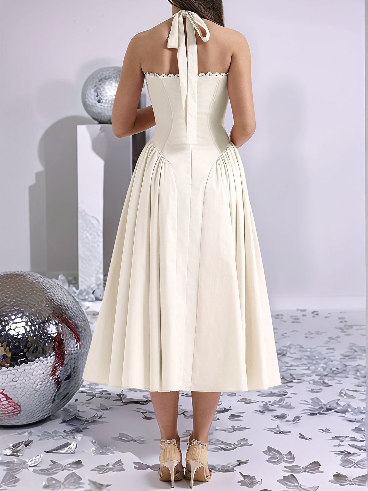 Halter Lace-Up Ruched Sleeveless Midi A-Line Dress