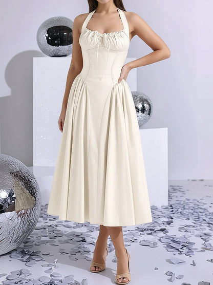 Halter Lace-Up Ruched Sleeveless Midi A-Line Dress