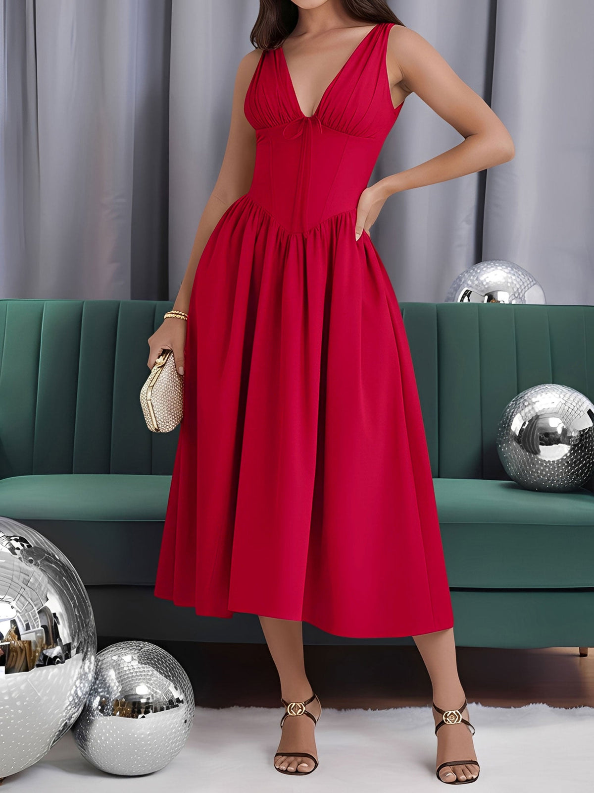 V Neck Ruched Sleeveless A-Line Midi Dress