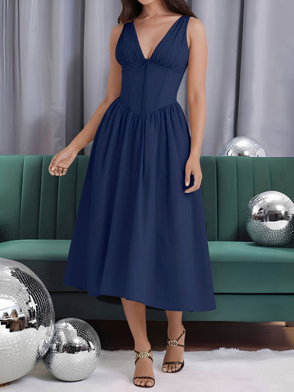 V Neck Ruched Sleeveless A-Line Midi Dress