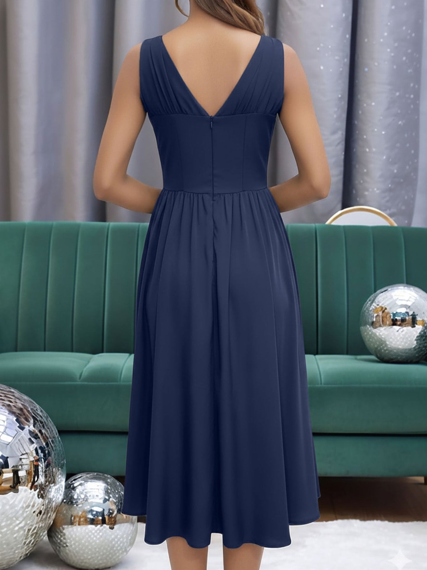 V Neck Ruched Sleeveless A-Line Midi Dress