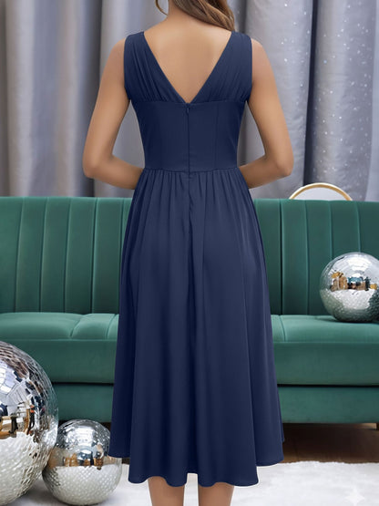 V Neck Ruched Sleeveless A-Line Midi Dress