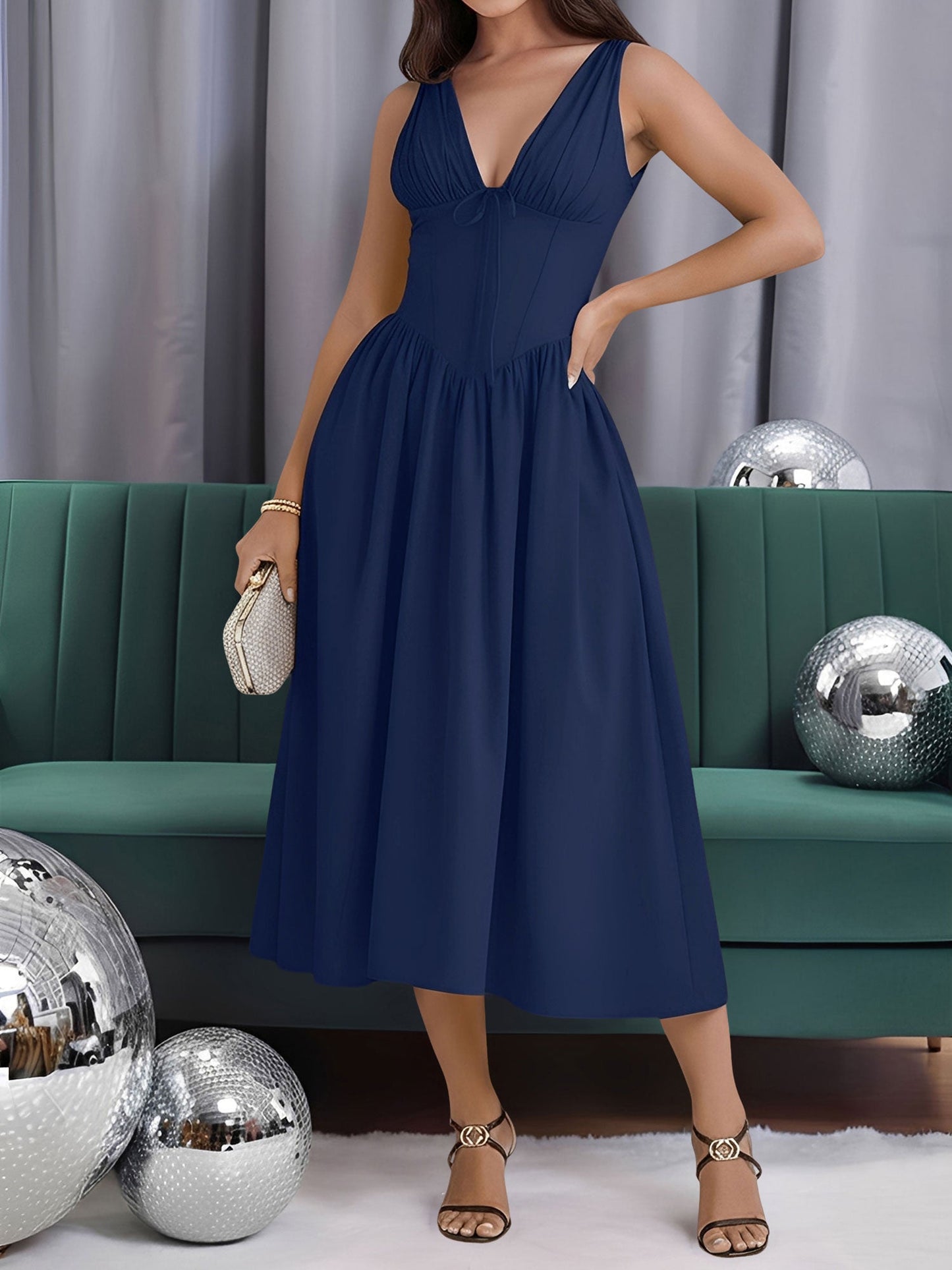 V Neck Ruched Sleeveless A-Line Midi Dress