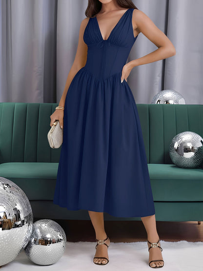 V Neck Ruched Sleeveless A-Line Midi Dress