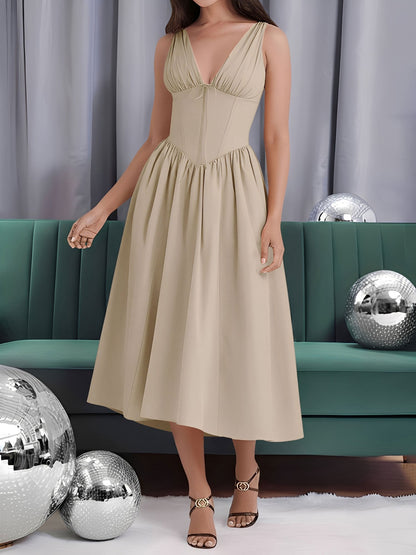 V Neck Ruched Sleeveless A-Line Midi Dress