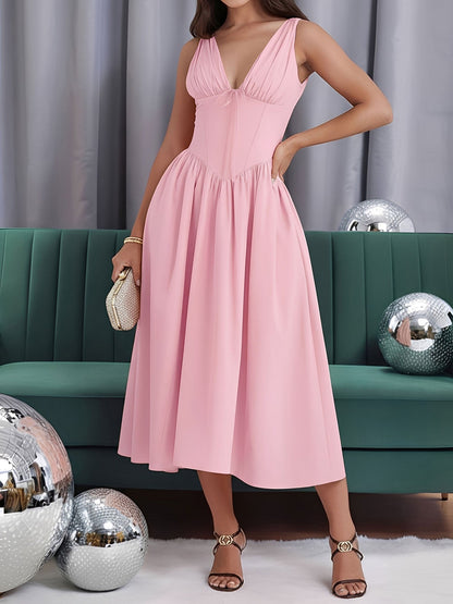 V Neck Ruched Sleeveless A-Line Midi Dress