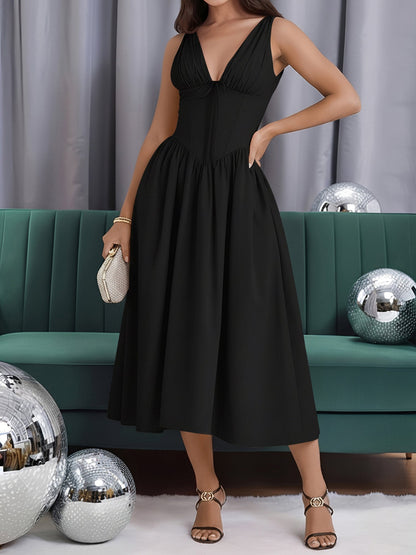 V Neck Ruched Sleeveless A-Line Midi Dress