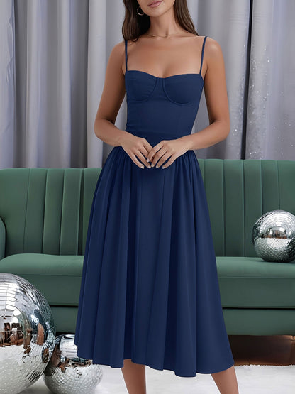 Spaghetti Strap Backless Pockets A-Line Midi Dress