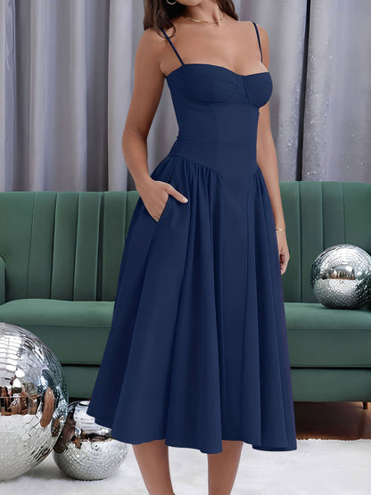 Spaghetti Strap Backless Pockets A-Line Midi Dress