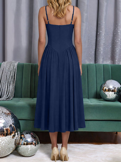 Spaghetti Strap Backless Pockets A-Line Midi Dress