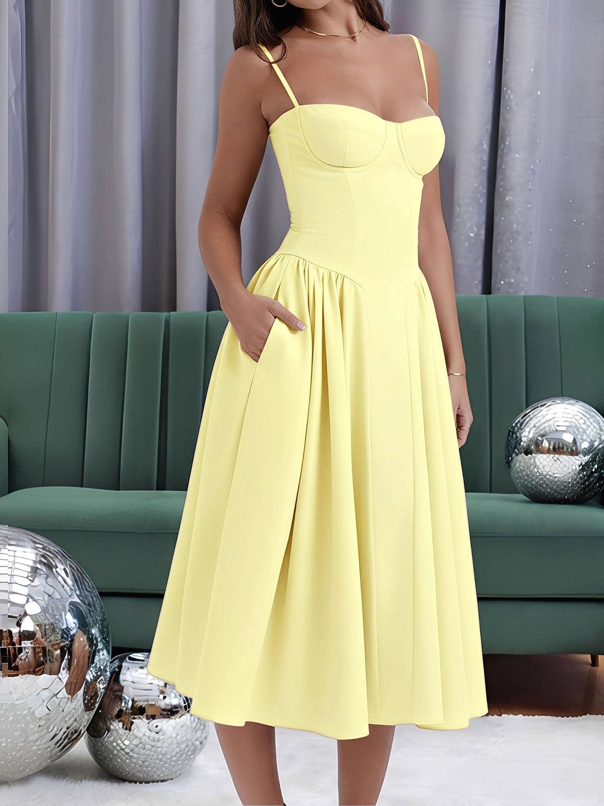 Spaghetti Strap Backless Pockets A-Line Midi Dress