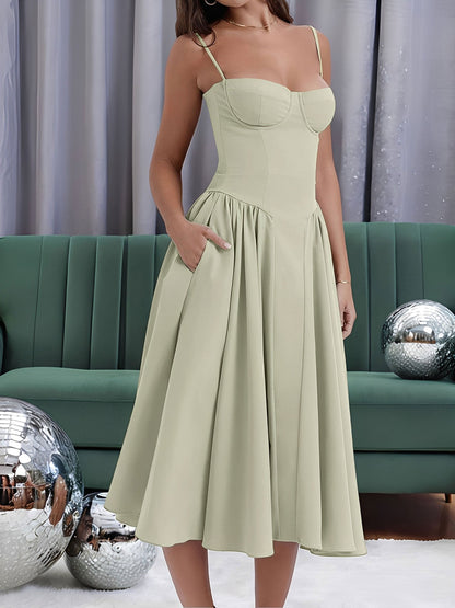 Spaghetti Strap Backless Pockets A-Line Midi Dress